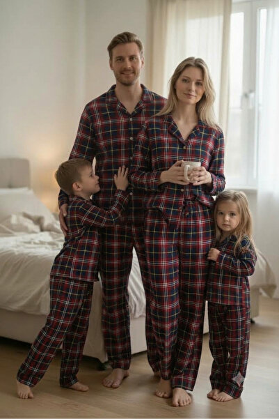 ARN HOMEWEAR ekoseli süet kumaş aile kombini pijama takımı (bir ürün fiyatıdır)