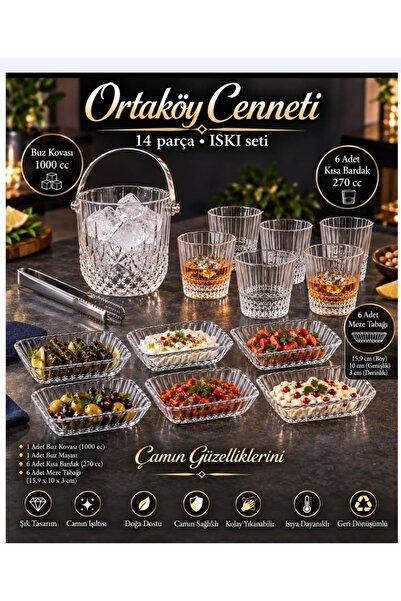 ORTAKÖYCENNETİ طقم كريستال مكون من 14 قطعة، 6 أكواب، 6 أطباق مقبلات، 1 وعاء ث...