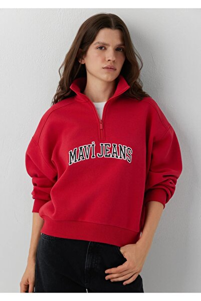 Mavi M1S20132 Jeans Logo Baskılı Yarım Fermuarlı Kadın Sweatshirt KIRMIZI