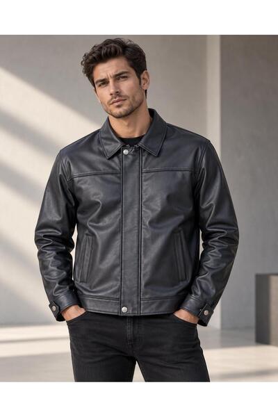 Vesli Men's Black Faux Leather Seasonal Jacket Coat – Shirt Collar Regular Fit