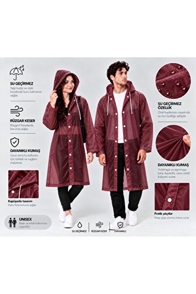 Unisex Bordo Şeffaf Yağmurluk Kapüşonlu Su Geçirmez Yağmurluk