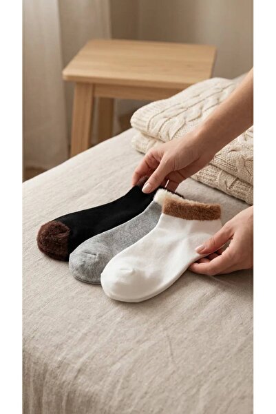 Kadın Peluş Detaylı Kışlık Soket Çorap 3’lü Set | Beyaz – Gri – Siyah