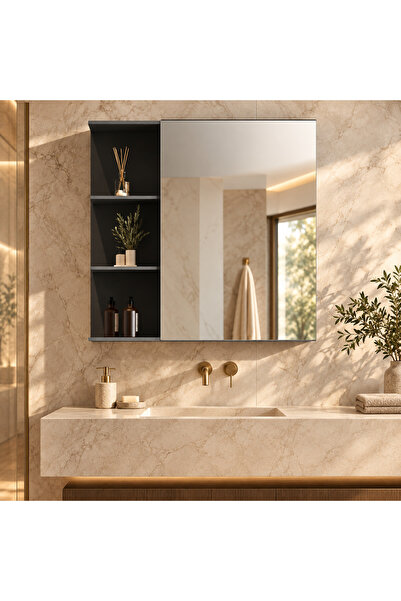 POZİTİF HIRDAVAT Pusula MDF Aynalı Banyo Dolabı | Açık Raflı | 75 × 65 × 14 c...