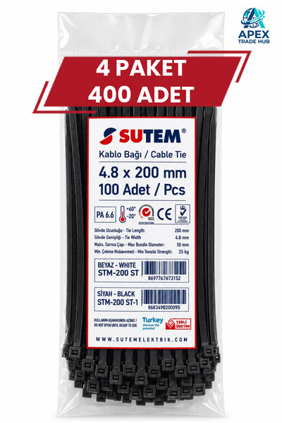 SUTEM Siyah Kablo Bağı Cırt Kelepçe 4.8 x 200 mm 400 Adet