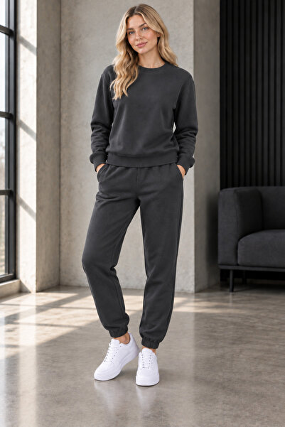 ASHEY Kadın 3 İplik Kışlık Eşofman Takımı Bisiklet Yaka Sweatshirt Lastik Paça