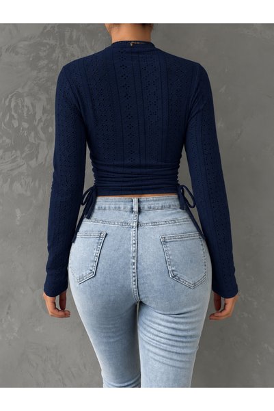 Marin Star Navy Blue Lace Patterned Long Sleeve Crop Blouse, Navy Blue Embroidery Patterned Side Gathered Lycra Blouse