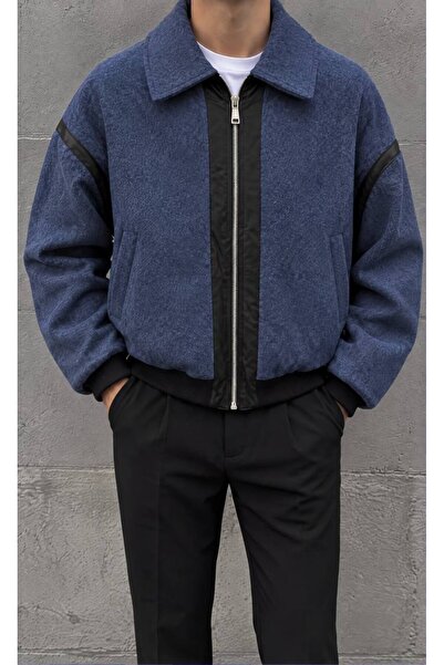 Gambocci Men's Leather Detailed Slim Cashmere Coat Jacket