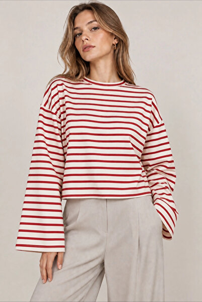 Lusin Women's Red Striped Woven Fabric Spanish Sleeve Crew Neck Blouse