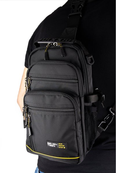 İMAKS Multi-Compartment Imperteks Fabric Daily Backpack Cross Chest Hand and Shoulder Bag Unisex Black Yellow Body Bag 927