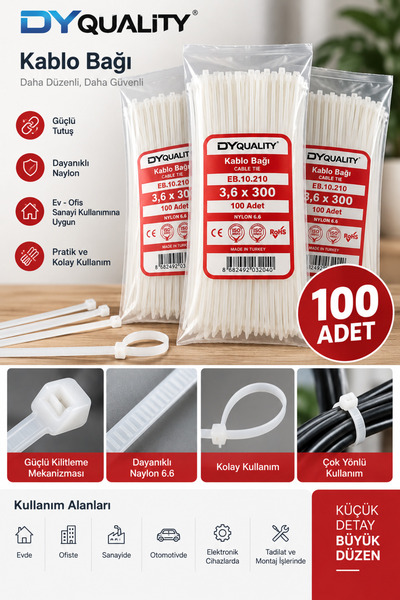 100 Adet Beyaz Kablo Bağı 3,6x300 mm - Plastik Cırt Kelepçe Kablo Toplama ve Sabitleme