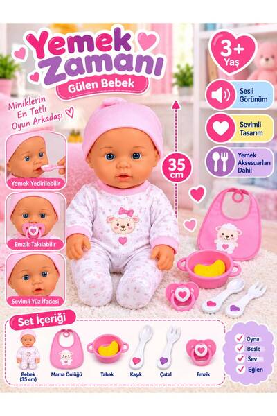 BYCEGU 35 cm Yemek Zamanı Aksesuarlı Oyuncak Bebek – Sesli, Mama Önlüklü ve B...