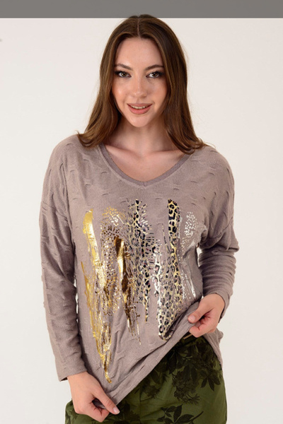 AYASOFYA OTANTIK Women's Italian V-Neck Gilded Leopard Pattern Loose Knitwear...
