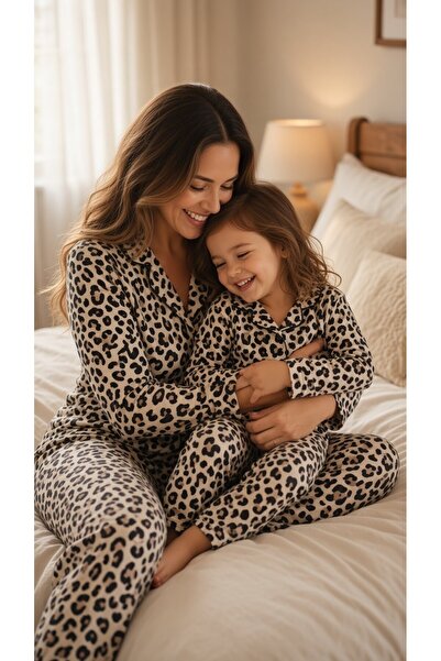 ARN HOMEWEAR leopar desenli anne kız kombini süet kumaş pijama takımı (bir ür...
