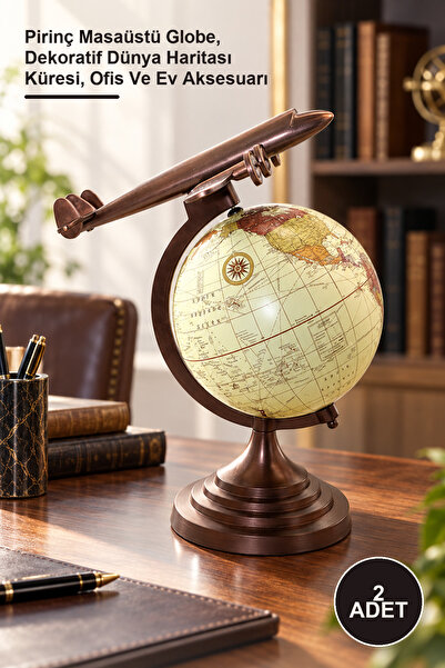 2 Adet Pirinç Uçak Figürlü Dünya Küre – Pirinç Masaüstü Globe, Dekoratif Dünya Haritası Küresi, Ofis Ve Ev Aksesuarı
