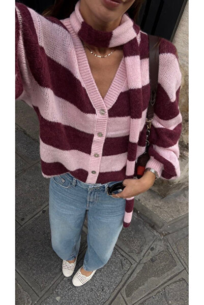 MareandCo Pembe Bordo Çizgili Şal Detaylı Yumuşak Dokulu Triko Hırka