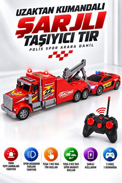 NeoThings Uzaktan Kumandalı Taşıyıcı Çekici Tır 54cm Şarjlı Işıklı Spor Araba...