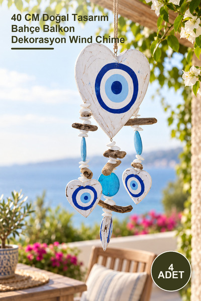 Yenilig 4 Pieces Wooden Wind Chime – 40 cm Natural Design Garden Balcony Deco...