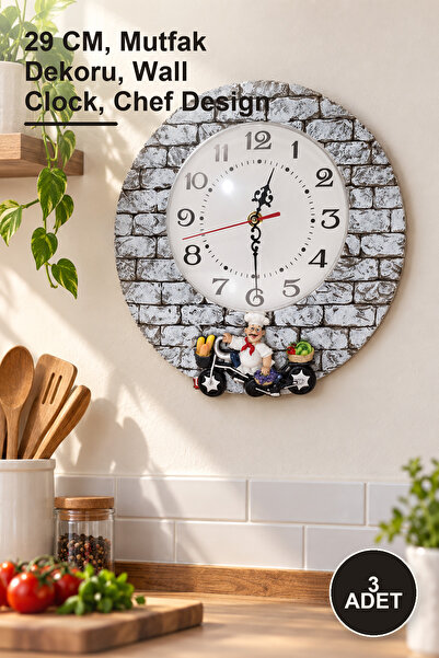 Yenilig 3 Pieces of Polyester Wall Clock with Chef Figure – 29 Cm, Kitchen De...