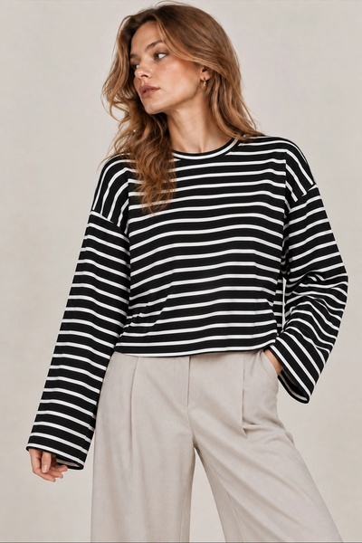 Lusin Women's Black Striped Woven Fabric Spanish Sleeve Crew Neck Blouse