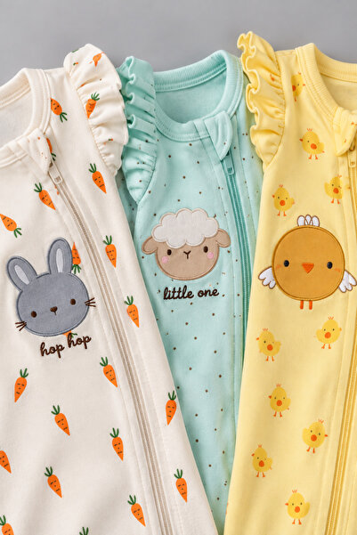 My Babies Label 3-Piece Baby Rompers with Ruffled Shoulder Detail and Zippered Booties – Rabbit, Lamb and Chick Patterned, 100% Cotton