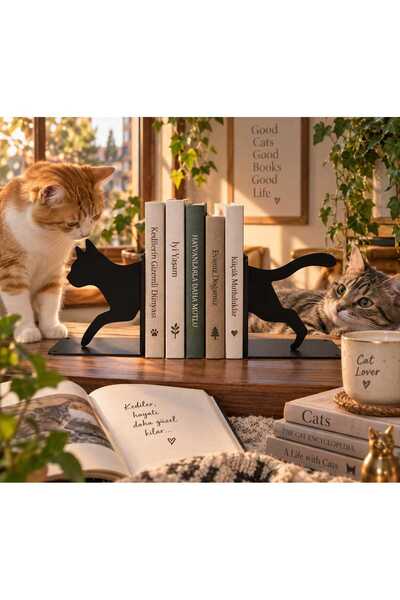 Kedi Figürlü Metal Kitap Tutucu – Dekoratif Siyah Kitap Desteği 2’li Set