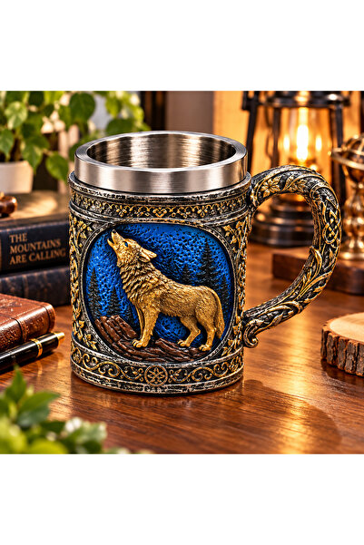 hediyeconcepti كوب زخرفي على شكل ذئب بتصميم الفايكنج مع وعاء داخلي من الفولاذ...