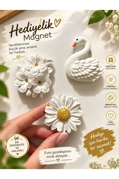YASMELLA HOME El Yapımı Hediyelik Magnet Seti | Çiçek & Kuğu Figürlü | Vernik...