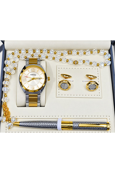 TIMERA Men's Two-Tone Watch Gift Set with Prayer Beads, Pen and Cufflinks