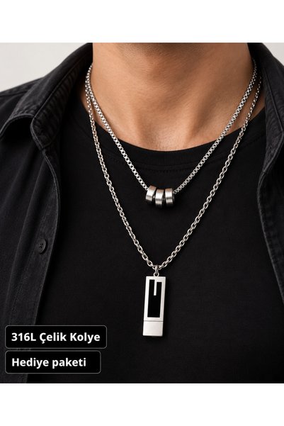 HER ŞEY NOTA www.herseynota.com Men's Double Chain Necklace with Black Detail...