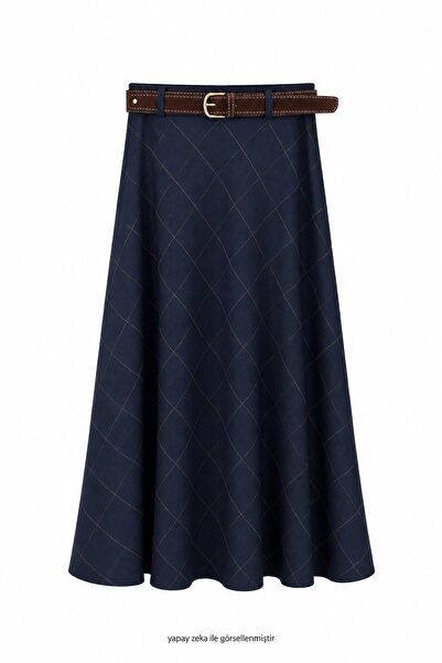 elif teke Checkered Belted Midi Skirt Navy Blue