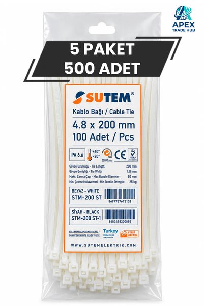 Beyaz Kablo Bağı Cırt Kelepçe 4.8 x 200 mm 500 Adet