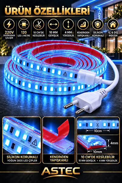 ASTEC Yapışkanlı 1 Metre Mavi 220V Silikonlu Şerit LED Yüksek Güç Tak Çalıştır İç Dış Mekân Su Geçirmez