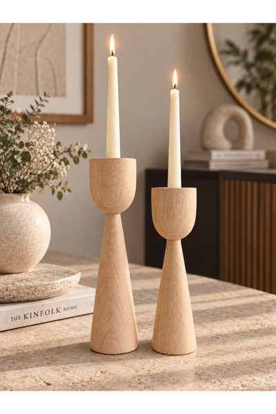 linsa Doğal Ham Kayın Ağacı Ahşap Şamdan 2'li Set – 17,5 cm ve 15 cm – Vernik...