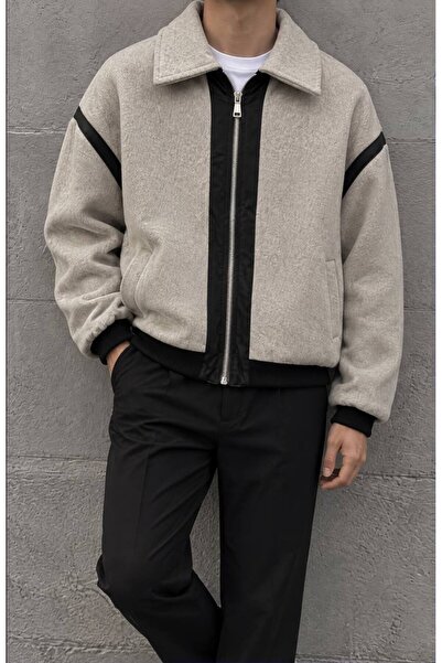 Gambocci Men's Leather Detailed Slim Cashmere Coat Jacket