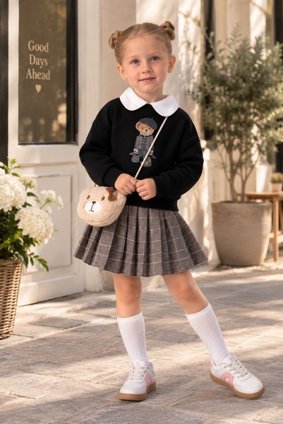 Lumia Baby Girl's Teddy Bear Printed Collared Sweatshirt, Pleated Shorts, Skirt, and Bag Set for Ages 2-3-4-5, Black, Brown, Burgundy