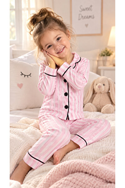 Lovia Baby Kız Çocuk Pembe Çizgili Terlikli 3'lü Pijama Takımı 4-5-6 Yaş