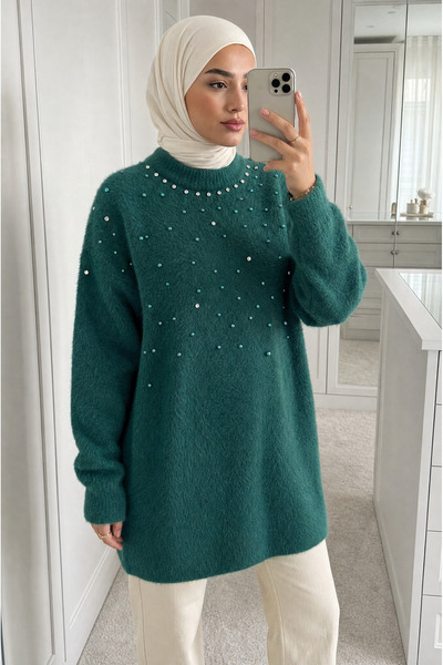 Kirazca Butik Women's Plush Stone Detailed Oversize Long Sweater Tunic 85 cm