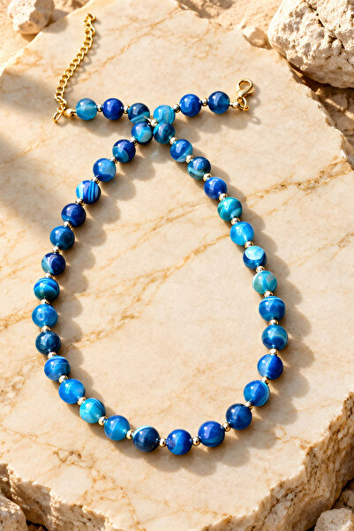 NBS Beautiful Naturel Stones Mavi Akik Gold Renk Topçuk Ara Aparatlı Kadın Do...