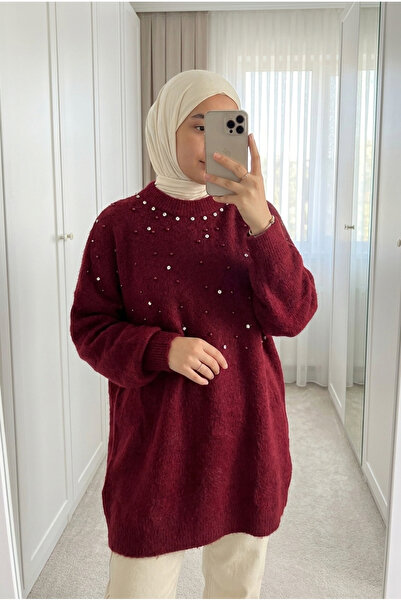 Kirazca Butik سترة نسائية طويلة مزينة بالتفاصيل الحجرية الفاخرة مقاس كبير 85 سم