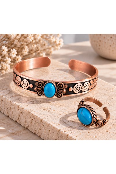 Aida Jewelss Pure copper ring bracelet natural stone handmade copper set, tur...
