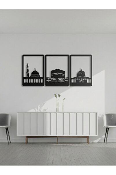 3 Parçalı İslam Kutsal Mekanları Ahşap Duvar Sanatı - Mekke, Medine ve Mescid-i Aksa Silüeti Dekorasyonu