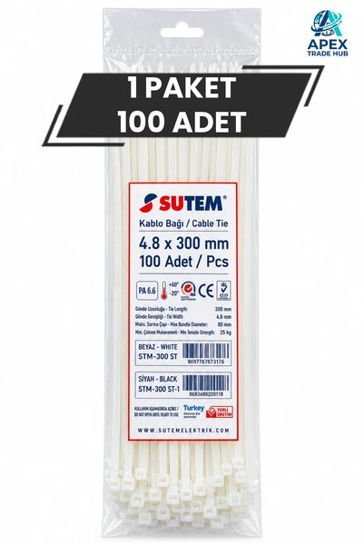 Beyaz Kablo Bağı Cırt Kelepçe 4.8 x 300 mm 100 Adet