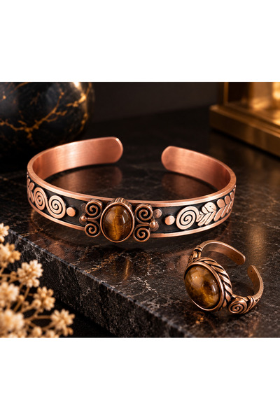 Aida Jewelss Copper Ring Bracelet with Natural Stones, Handcrafted Copper Set...