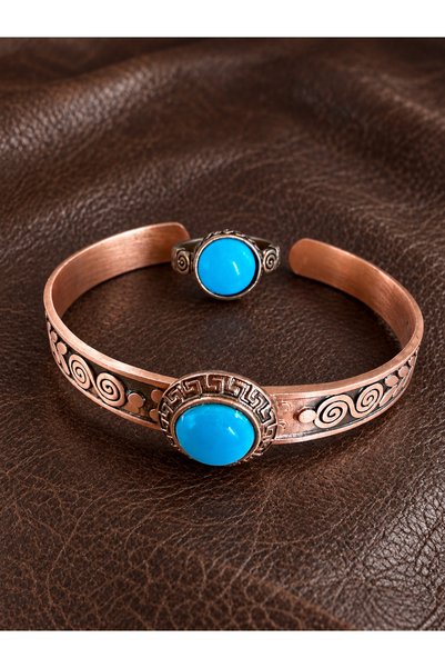zadenza gold Pure copper ring bracelet natural stone handmade copper set, tur...