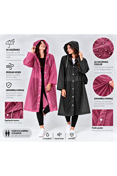 Unisex Pembe Şeffaf Yağmurluk Kapüşonlu Su Geçirmez Yağmurluk