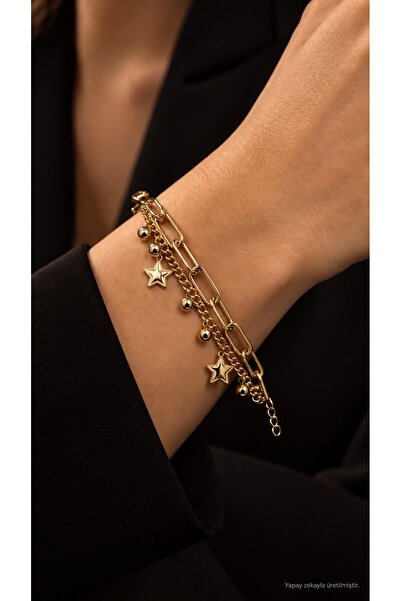 Valmont Women's Gold Color Star Figured Double Chain Charm Bracelet