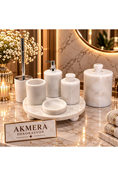 7 Parça Gerçek Mermer Top Ayaklı Banyo Seti