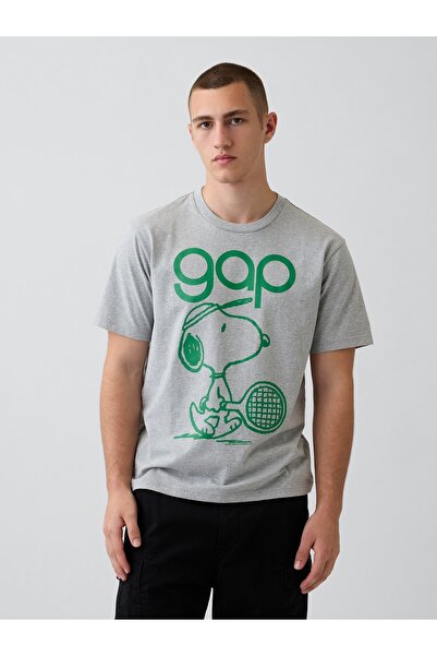 GAP Erkek Gri Snoopy Logo Relaxed Grafik Baskılı T-Shirt