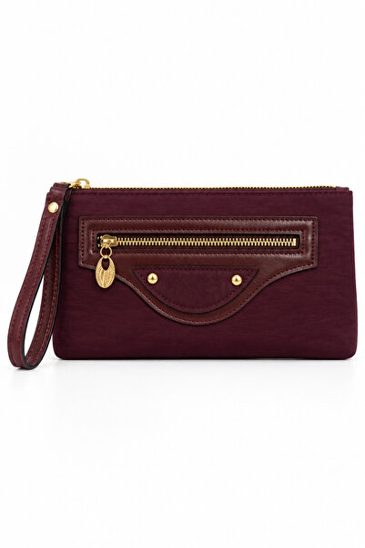 FEG STORE Women's Burgundy Double-Eye Lined Hand Strap Shiny Surface Portfoli...