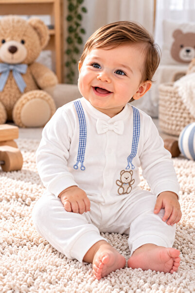 SERPİL Ss Gi̇yi̇m Baby Boy White Teddy Bear Patterned 2-Piece Set – Long Slee...